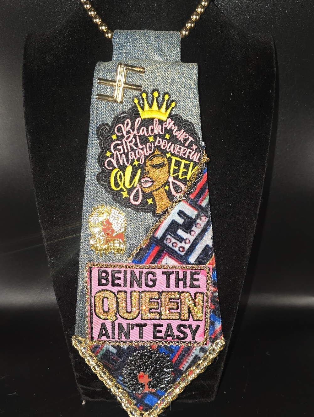 Denim 'Being the Queen Ain't Easy' Tie Necklace